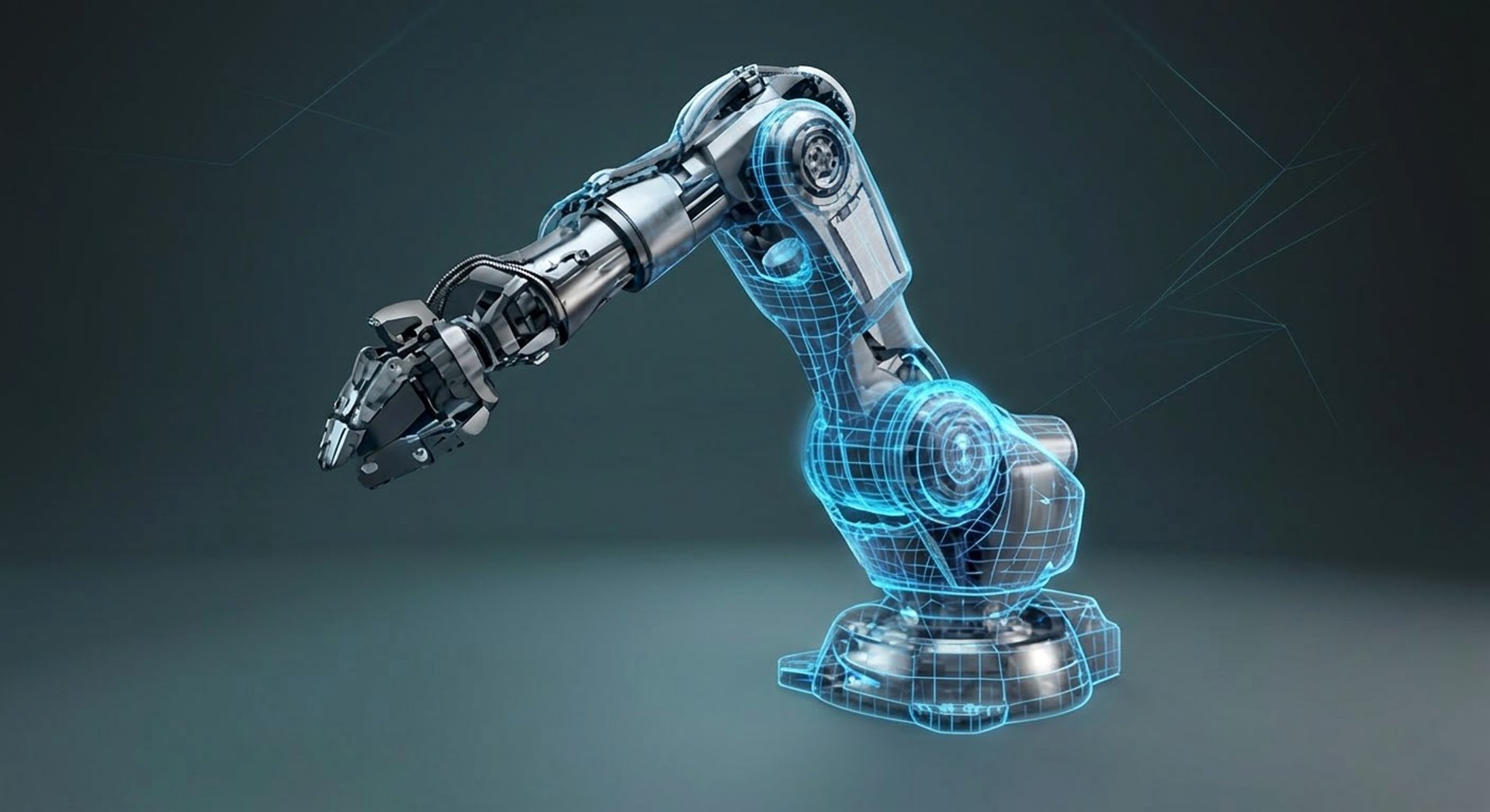 Robotic arm rendered with a digital wireframe overlay